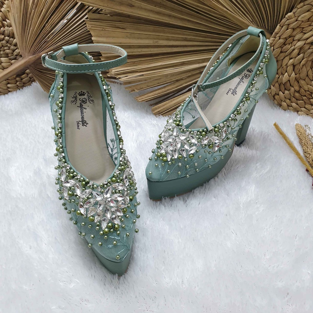 Sepatu wedding pesta cantik payet mewah Dhira sage tinggi 12cm