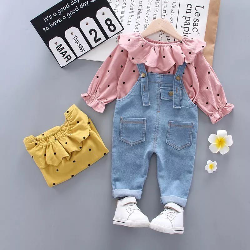 [1-5T] Setelan Set Anak Perempuan Overall Jumpsuit Panjang JEANS katun POLKADOT Mice rabbit / SETELAN OVERALL JUMPSUIT JEANS POLKADOT IMPORT