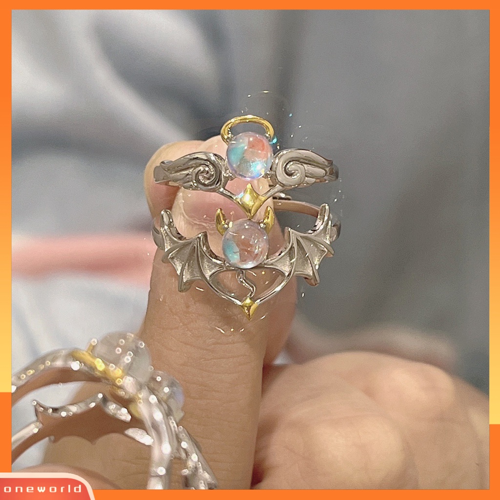 [ONW] Wanita Cincin Romantis Bersinar Faux Moonstone Desain Pembukaan Yang Dapat Disesuaikan Hadiah Hias Sayap Malaikat Setan Jari Cincin Perhiasan Pesta Untuk Kekasih