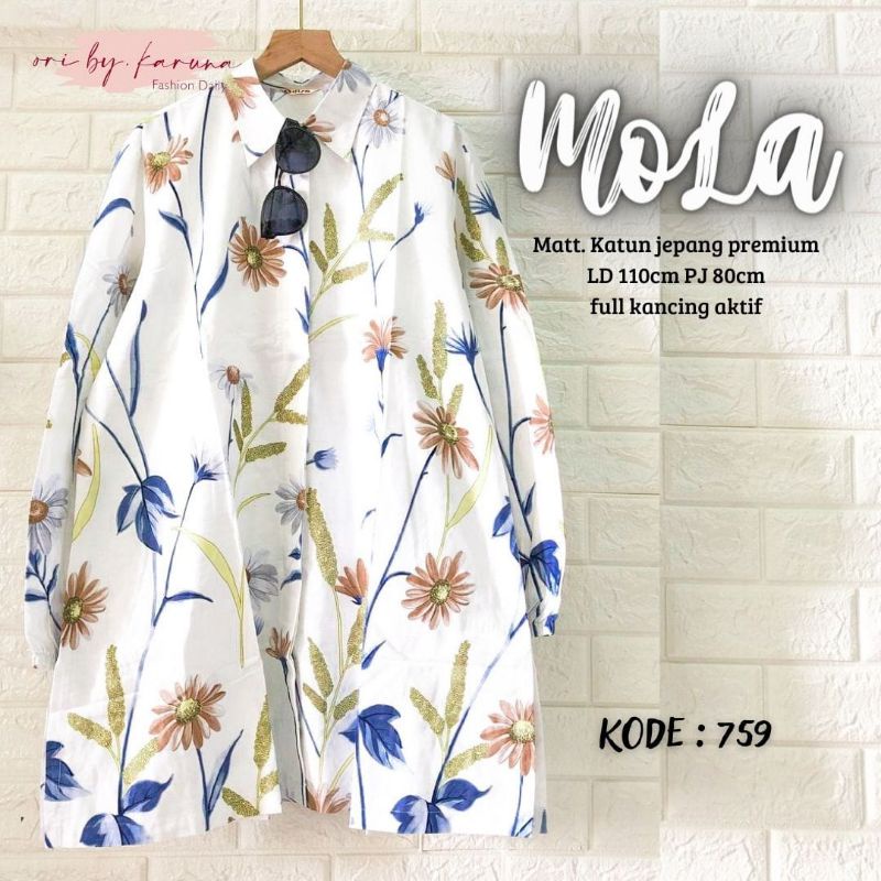 Mola Long Tunik Kemeja Katun Poplin Import Motif Bunga Ld 110 Jumbo Fit XXL Busui Kancing By Karuna 
