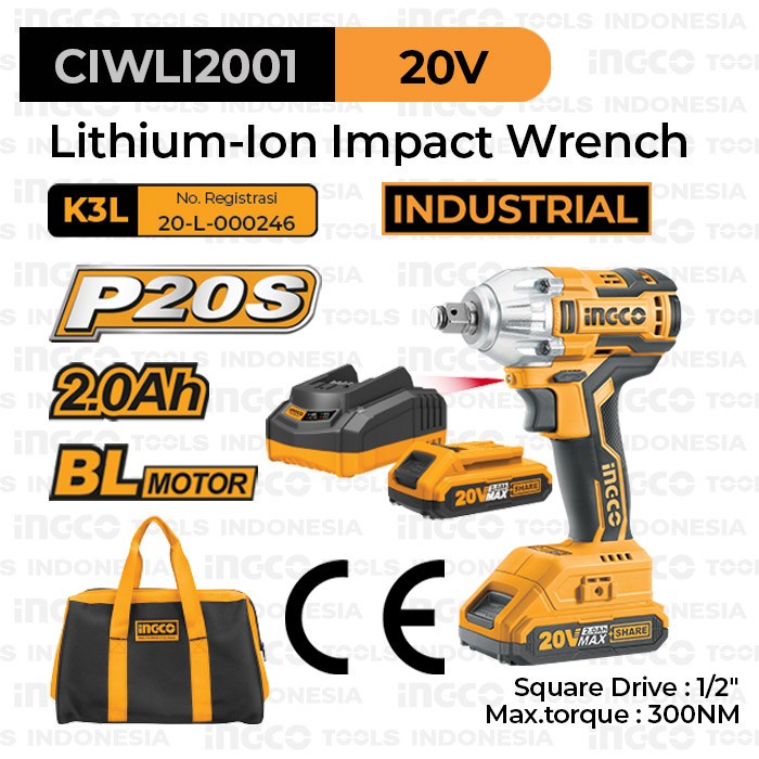 Cordless Impact Wrench Brushless Baterai 20v INGCO CIWLI2001