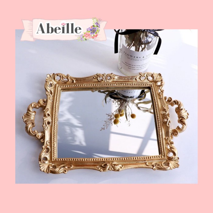 :>:>:>:>] NAMPAN EMAS KACA CERMIN CANTIK VINTAGE VANITY MIRROR TRAY WITH HANDLES