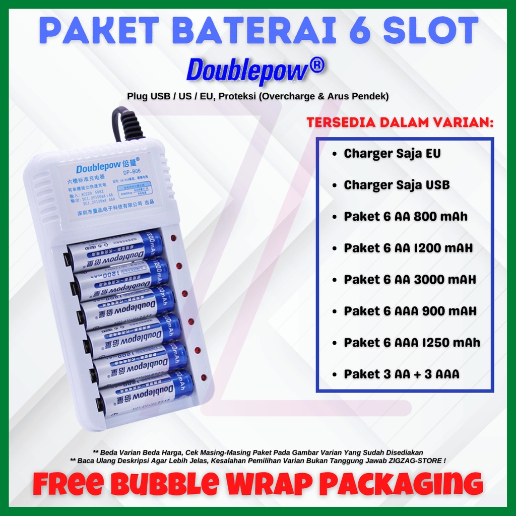 Paket Baterai Cas Doublepow / Taffware, 1 Charger + 6 Baterai Cas AA / AAA Doublepow / Taffware