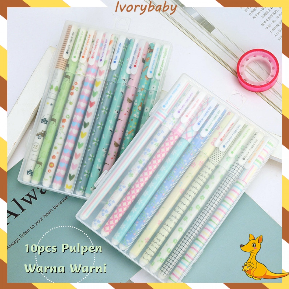 Ivorybaby 10pcs Pulpen gel warna warni tulisan lucu Bolpen bulpen gel warna warni karakter