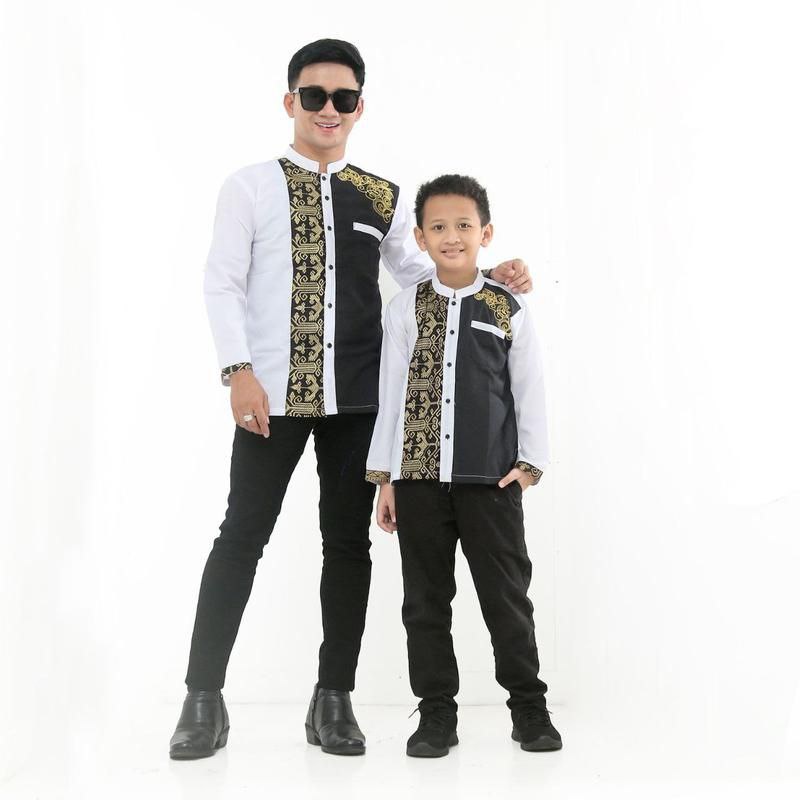 Koko Muslim Modern Lengan Panjang Couple Ayah &amp; Anak trisula Putih Bahan Katun Adem Bordir