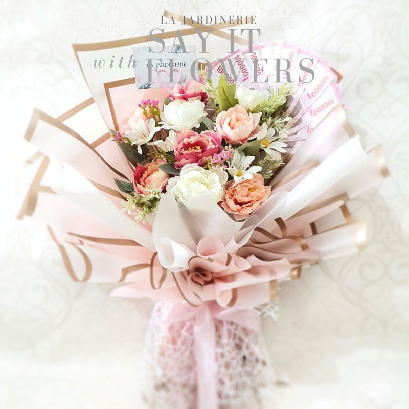 Buket Bunga Uang Kado Money Bouquet Artificial Boneka Bucket Bunga Wisuda Palsu Pink Merah Biru Ungu
