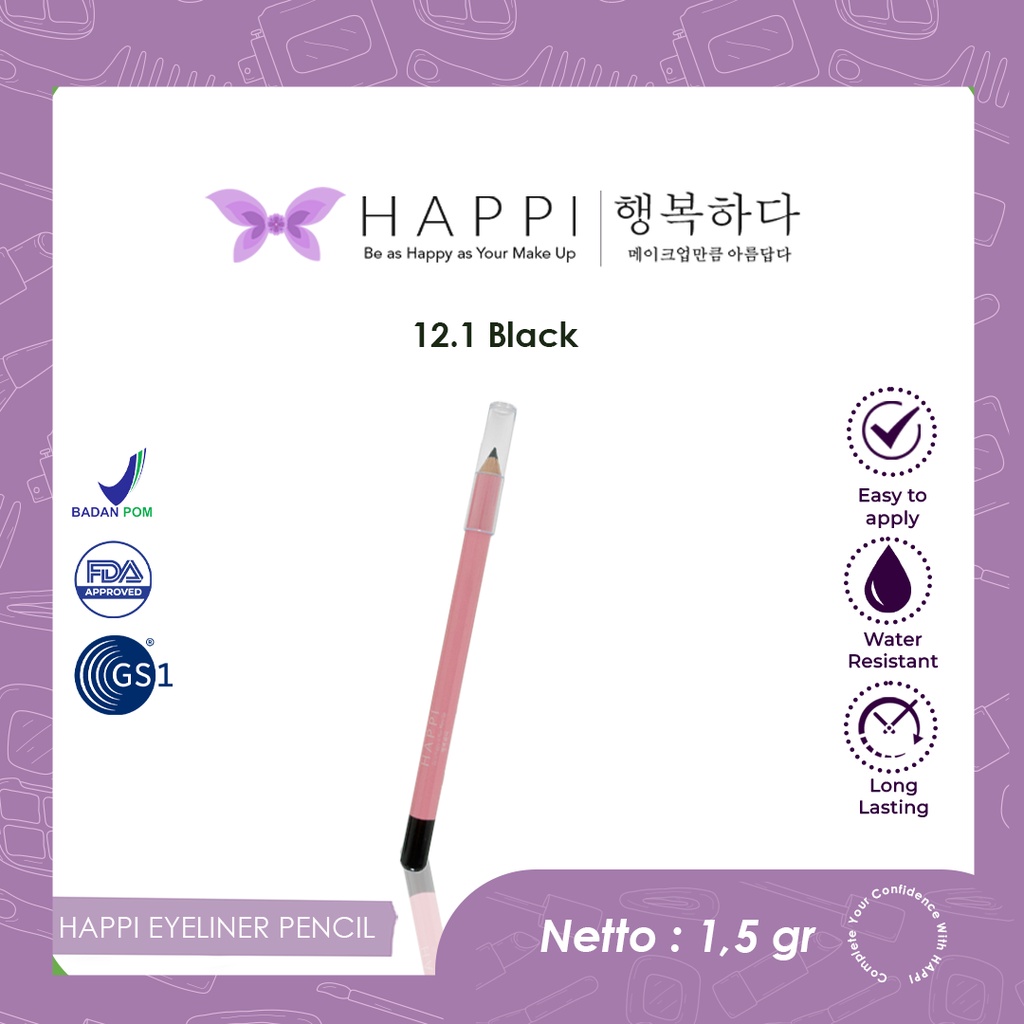 EYELINER PENSIL HAPPI BLACK, HAPPI COSMETICS EYELINER PENCIL BLACK ,SMUDGE , PERFECT SHARP