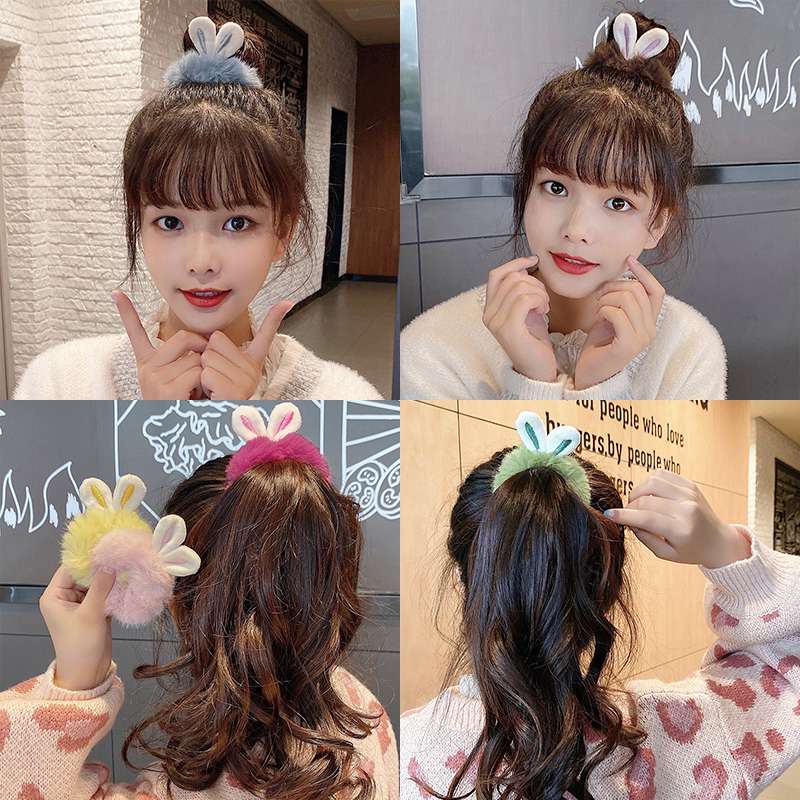 (Hello Girl)F189 Scrunchie Bulu Kelinci  Ikat Rambut Cepol Wanita Kekinian Gaya Korea Import