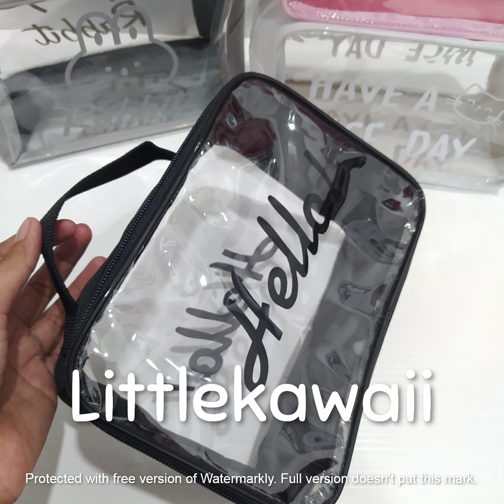 LK/Tas Pouch Mika Transparan Tulisan Quotes Travel Bag Make Up Kosmetik Serbaguna Persegi Kotak Tenteng Tas Double Wanita Remaja