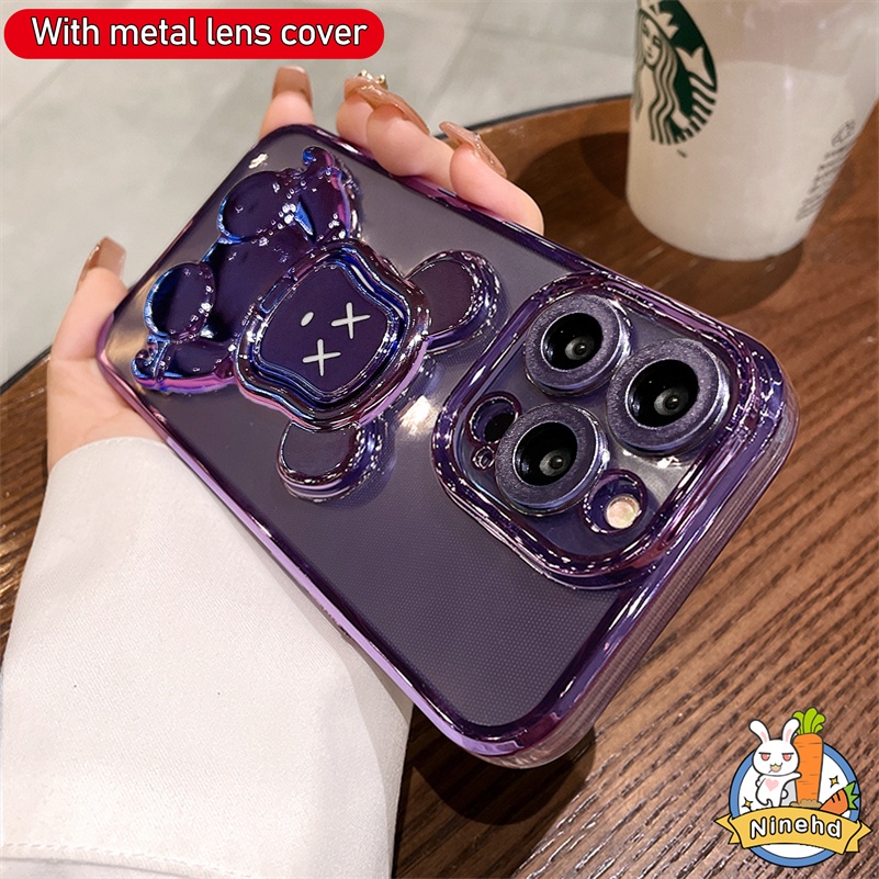 IPHONE Casing Kompatibel Untuk Iphone14 13 12 11 Pro Max Xr Xs Max Se8 7 Plus Plating Mewah Casing Ponsel Bingkai Lensa Logam Full Cover Bear Bracket Tahan Debu Soft Case Cover Pelindung