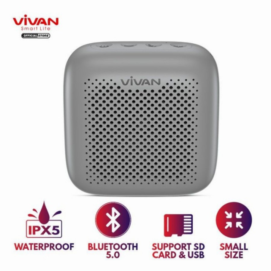 Vivan VS1 Speaker Bluetooth 5.0 IPX5 5W- Speaker Vivan VS1 Wireless SD - Abu-abu