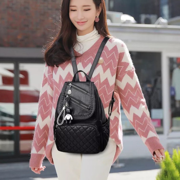 Tas Ransel Wanita - Backpack Kulit Kepang 3 in 1 Resleting Bahan Kulit Premium HITAM Korean Style Import BISA COD
