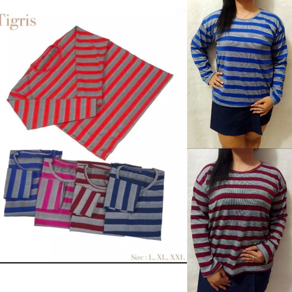 MALVARO-Kaos Wanita Tigris / Baju Salur Wanita / Salur Lengan Panjang