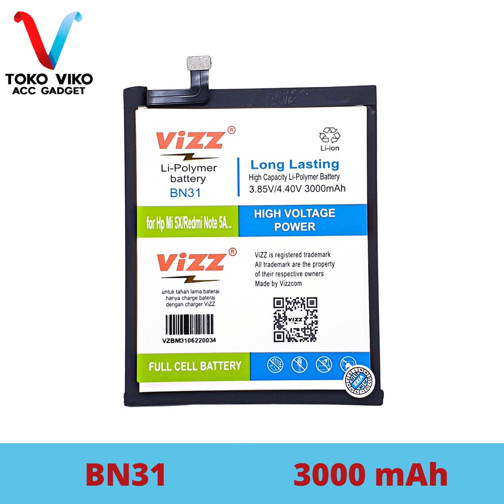 Vizz Xiaomi BN31 Redmi Note 5A / Mi 5X / Mi A1 / S2 / Mi5X Baterai Batre Original