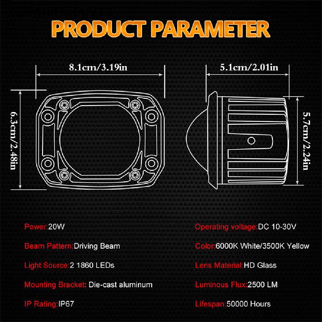 Gentlehappy Lampu Kerja Lensa LED 3inch 8D 40W Dual Color 3inch Fog Lamp Driving Beam Square id