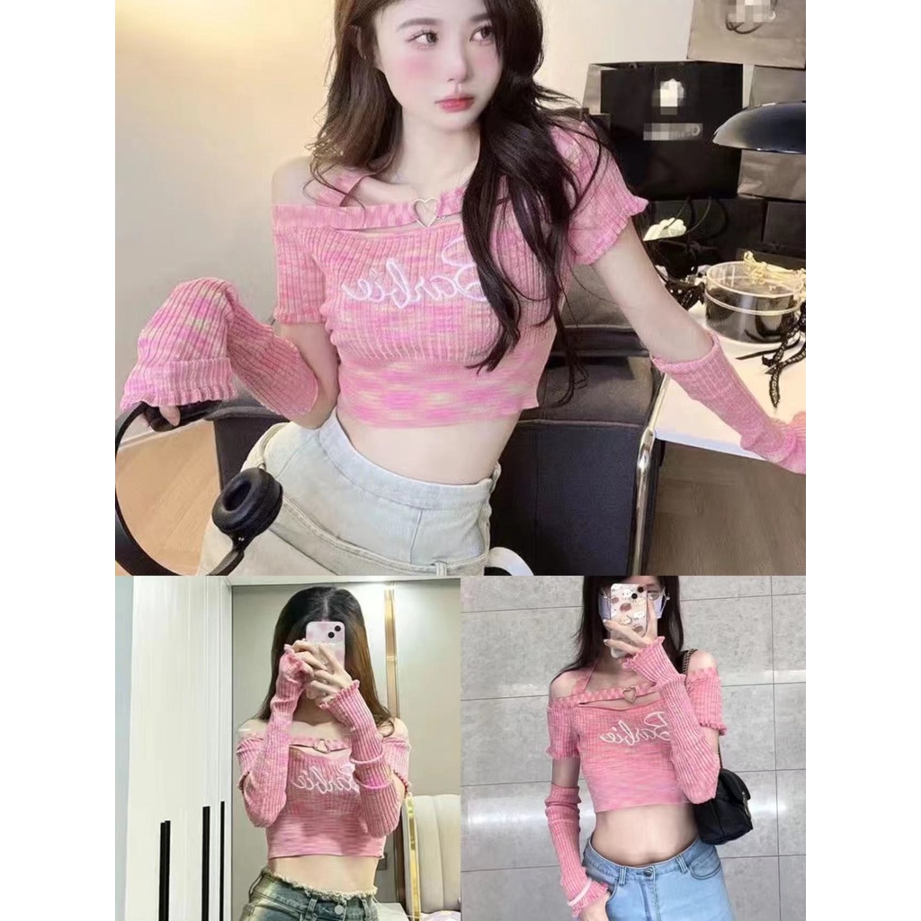 Red Bibi Barbie Knitted T-shirt Wanita Lengan Pendek Tipis Awal Musim Gugur Perlindungan Matahari Kecil Spice Girl Straight Shoulder Top Terbuka