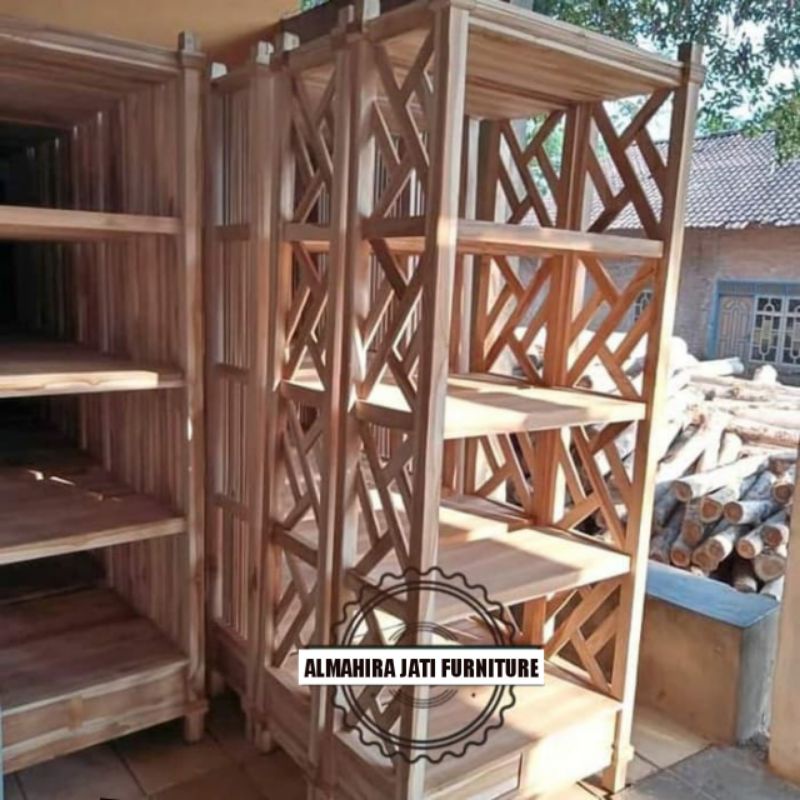 promo rak buku kayu jati minimalis 4 susun - rak buku jati 4 susun murah