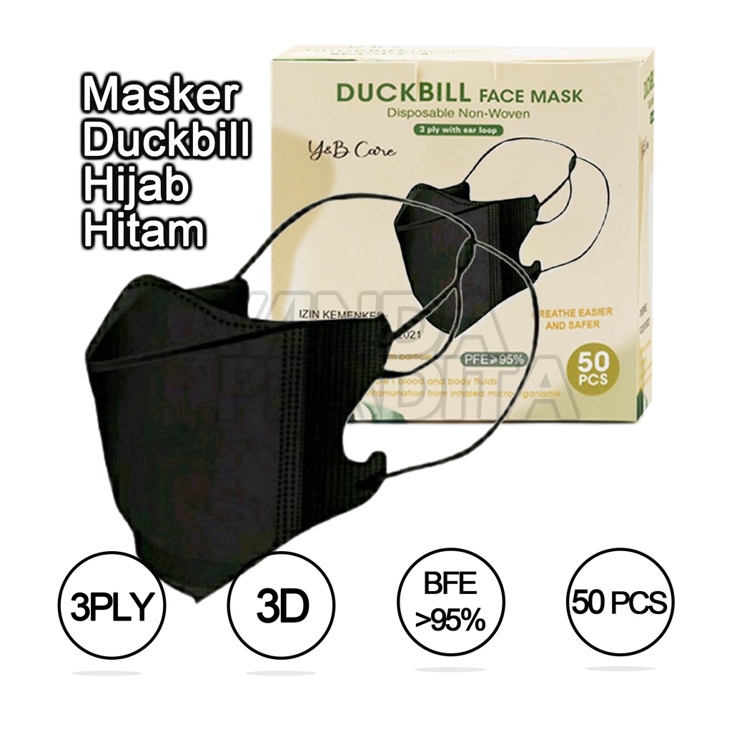Masker Duckbill Duckbil 50 Pcs Murah 1Box Putih Hitam-Duckbill Hijab Hitam