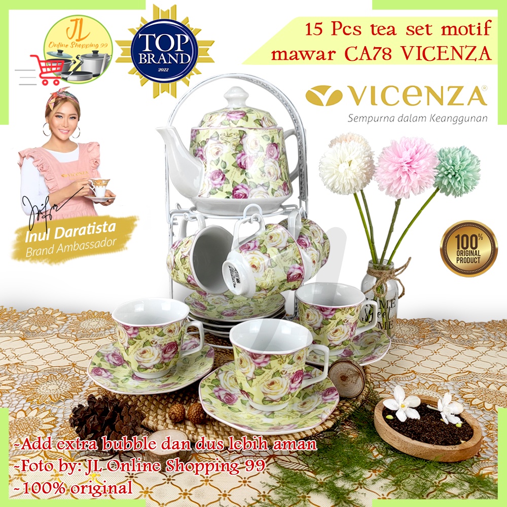 VICENZA Tea set porcelain motif CA-78 Mawar / cangkit set + teko / gelas teh kopi + tatakan