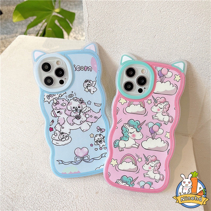 IPHONE Casing Kompatibel Untuk Iphone14 13 12 11 Pro Max X Xr Xs Max8 7 6 6s Plus SE Casing Ponsel Telinga Kucing Unicorn Kartun Lucu Lembut Bergelombang Edge Case Silicon Anti-Shock Bumper Cover Pelindung