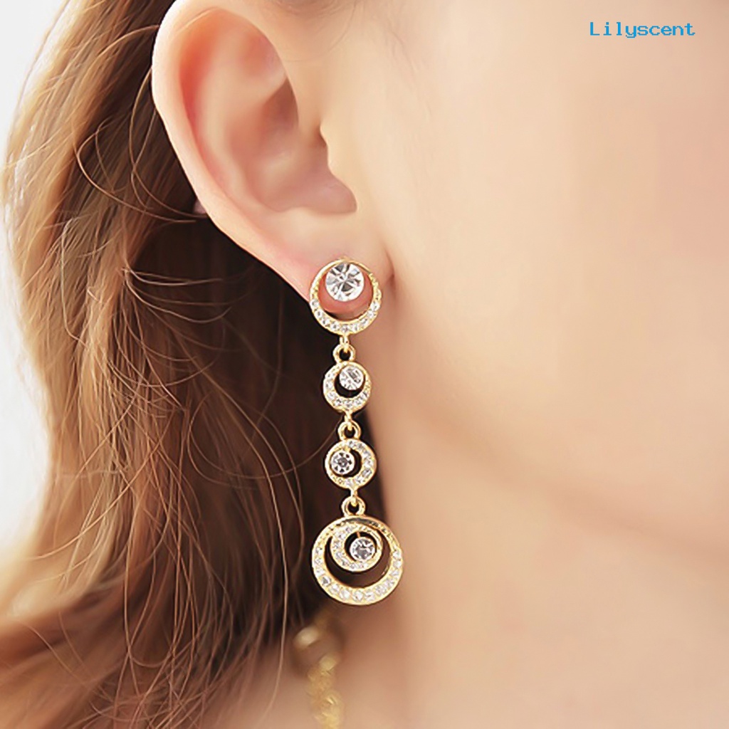 [LS] Anting Tusuk Lingkaran Menjuntai Mempesona Berlian Imitasi Wanita Panjang Drop Ear Studs Jewelry Untuk Pernikahan