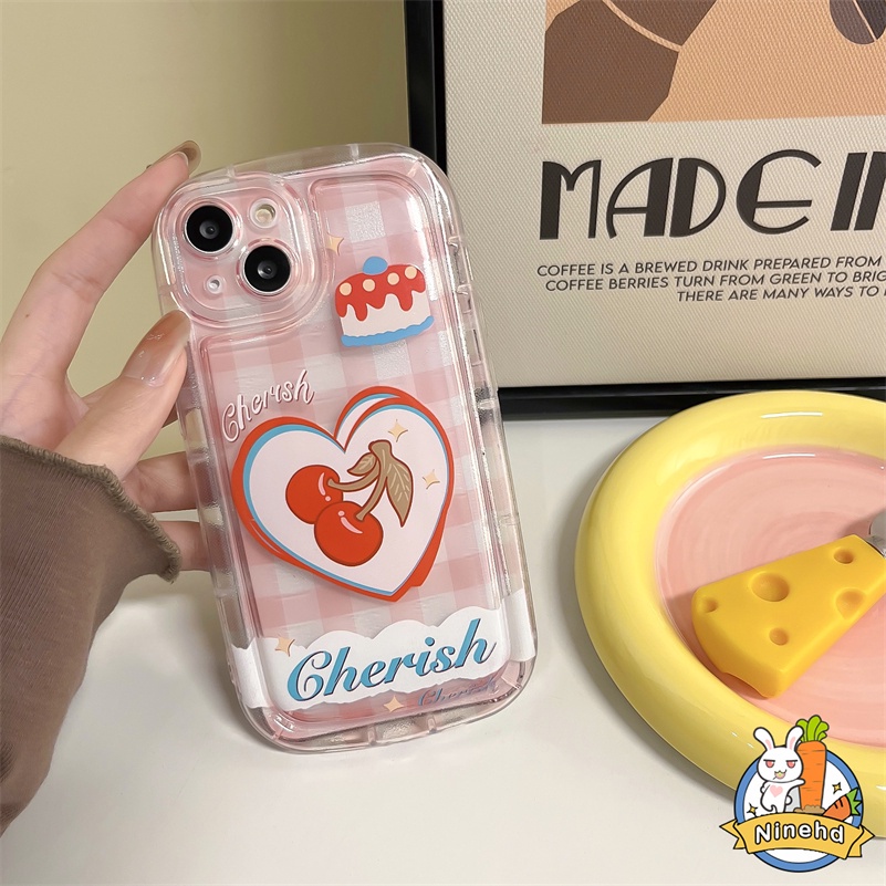 IPHONE Casing Kompatibel Untuk Iphone14 13 12 11 Pro Max X Xr Xs Max SE 8 7 6 6s Plus Motif Cherry Love Cek Merah Muda Casing Ponsel Airbag Penebalan Shockproof Soft Case Cover Pelindung