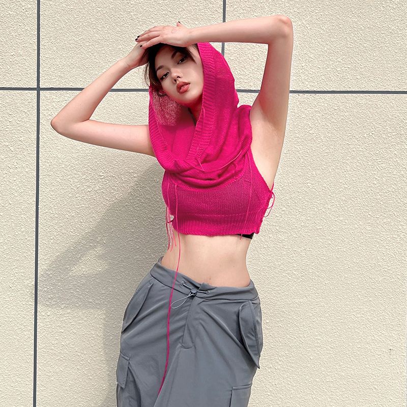 ☽Sancokis gaya Eropa dan Amerika berkerudung lengan panjang rajutan top niche high street babes sexy slim crop top