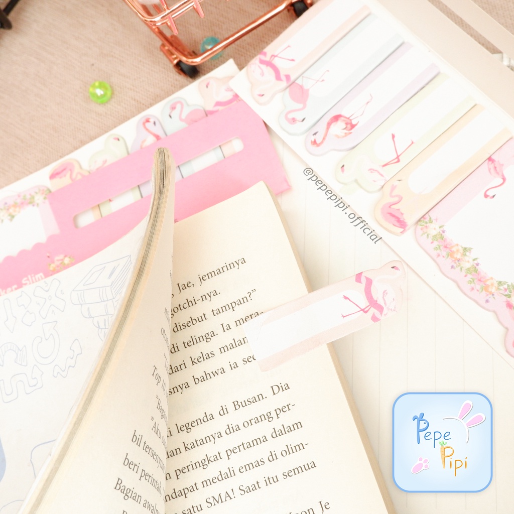 Sticky Notes Kotak + Strip Flamingo Sticky Note Kotak Strip Pembatas Buku Halaman Penanda Note Flaminggo