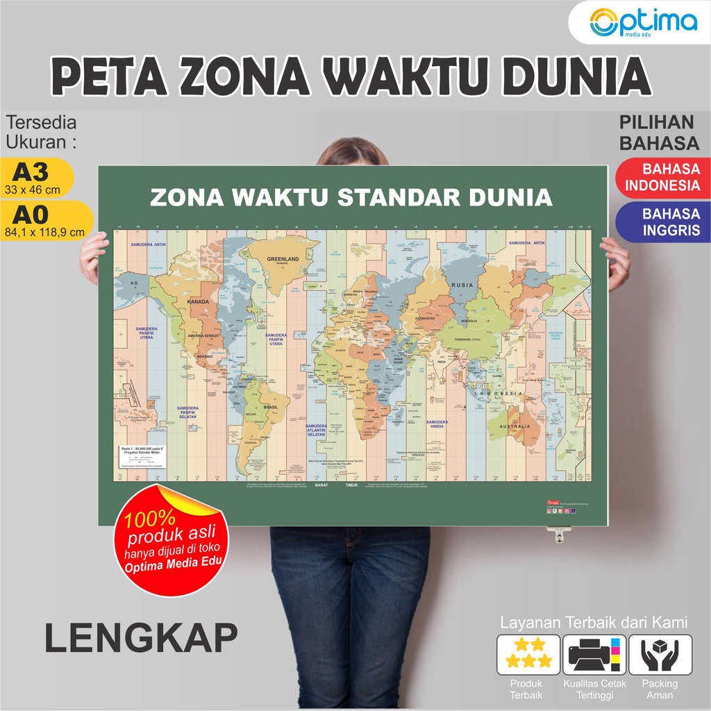 Poster Besar Peta Zona Waktu Standar Dunia Lengkap A0 dan A3