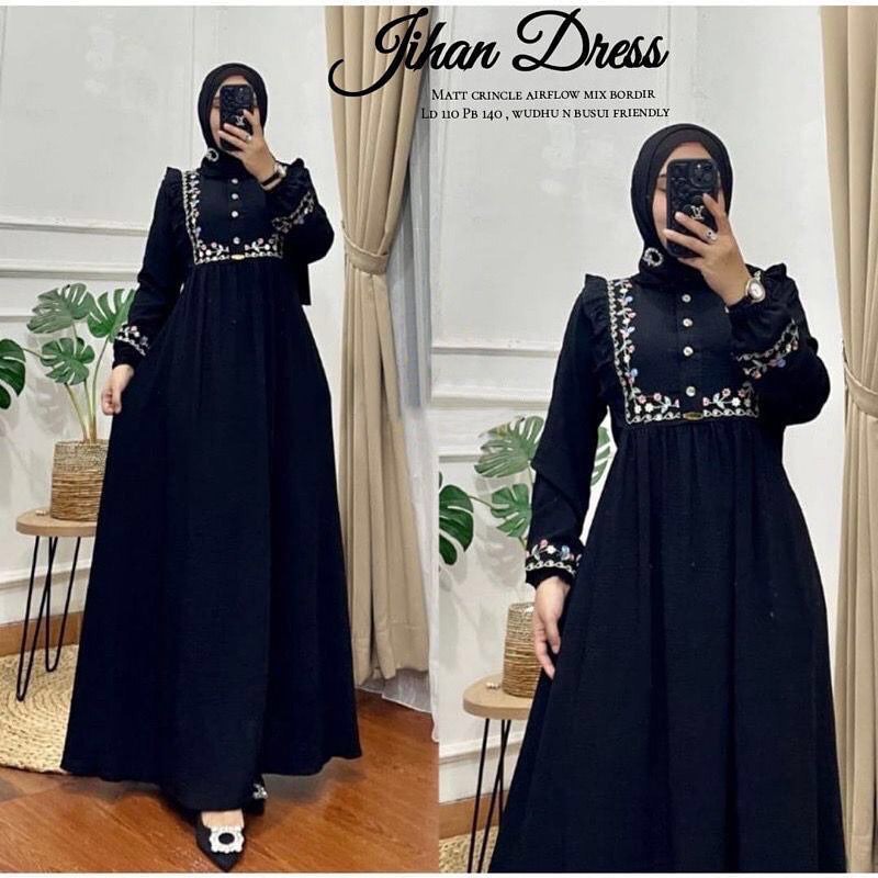 JIHAN DRESS GAMIS CRINKLE AIRFLOW PREMIUM DRESS WANITA TERBARU 2023 GAMIS WANITA BAHAN CRINGKLE APLIKASI BORDIR MEWAH