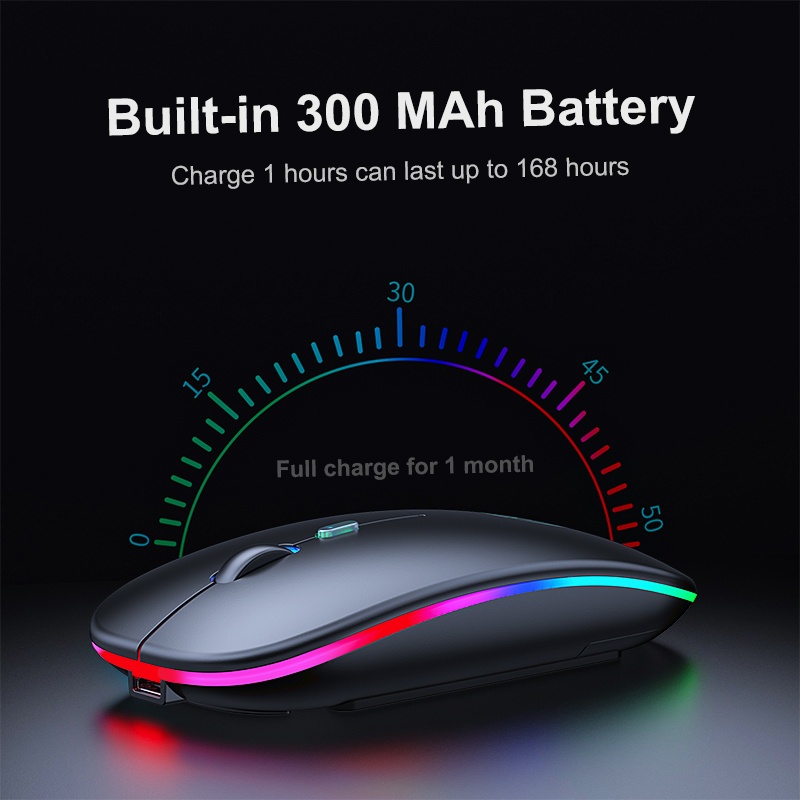 Bisa dicas ulang Mouse Wireless RGB mos waerles mouse Lampu pelangi Lights Charge 2.4G Optical USB Mouse Gaming 1600DPI - RGB Light Black