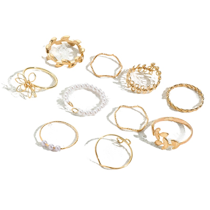 10pcs/set Cincin Bohemian Gelombang Bunga Untuk Wanita Vintage Geometris Mutiara Butterfly Metal Chain Knuckle Rings