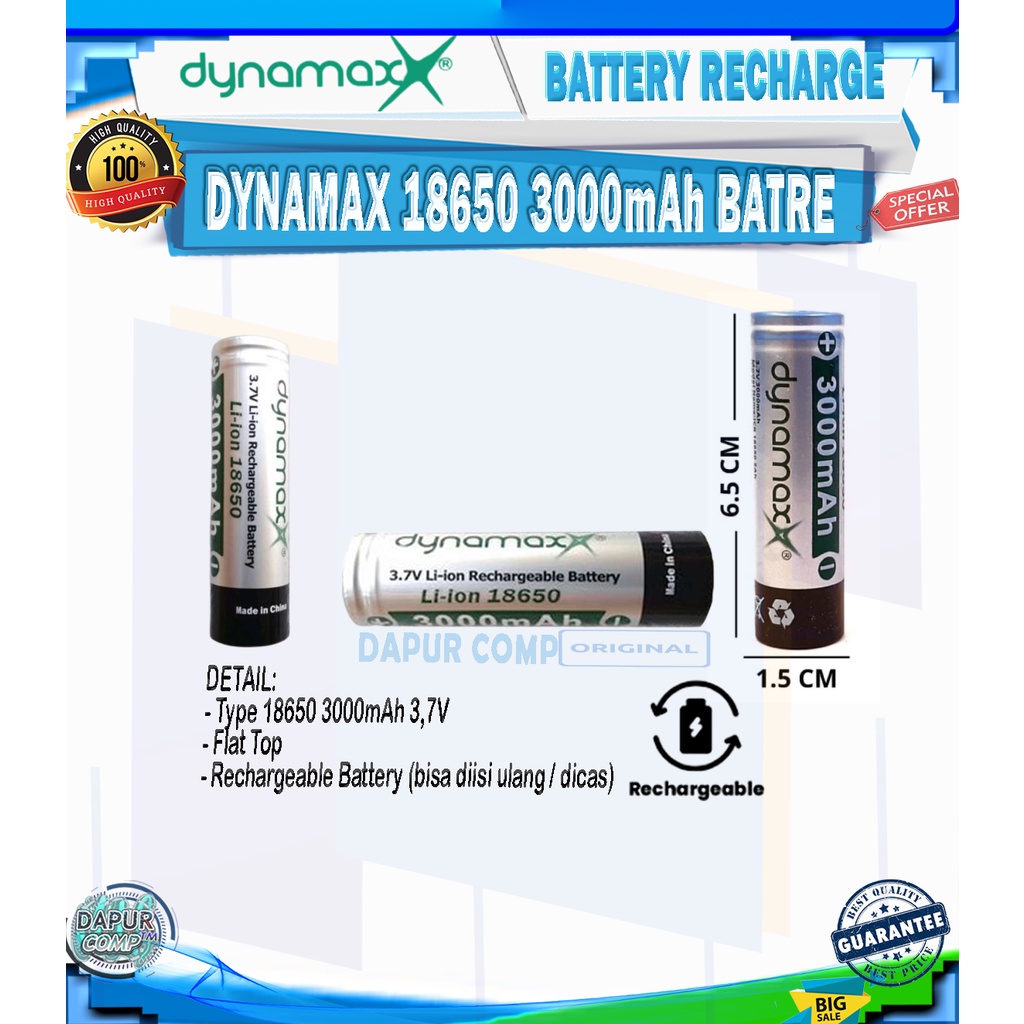 BATRE DYNAMAX 18650 3.7V FLAT TOP RECHARGE BATTERY