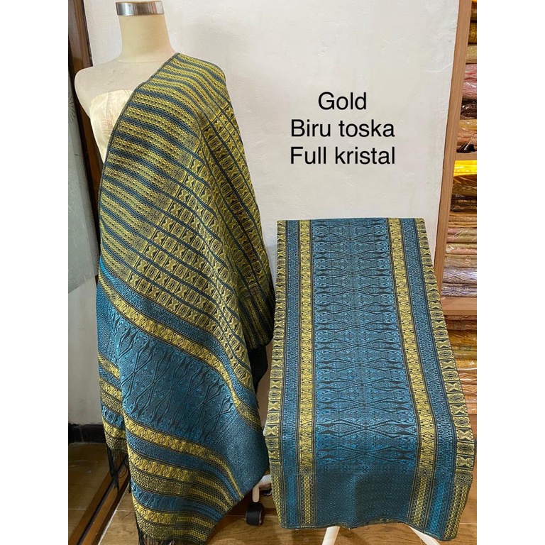 Songket Tumtuman Gold Biru Toska Full Kristal