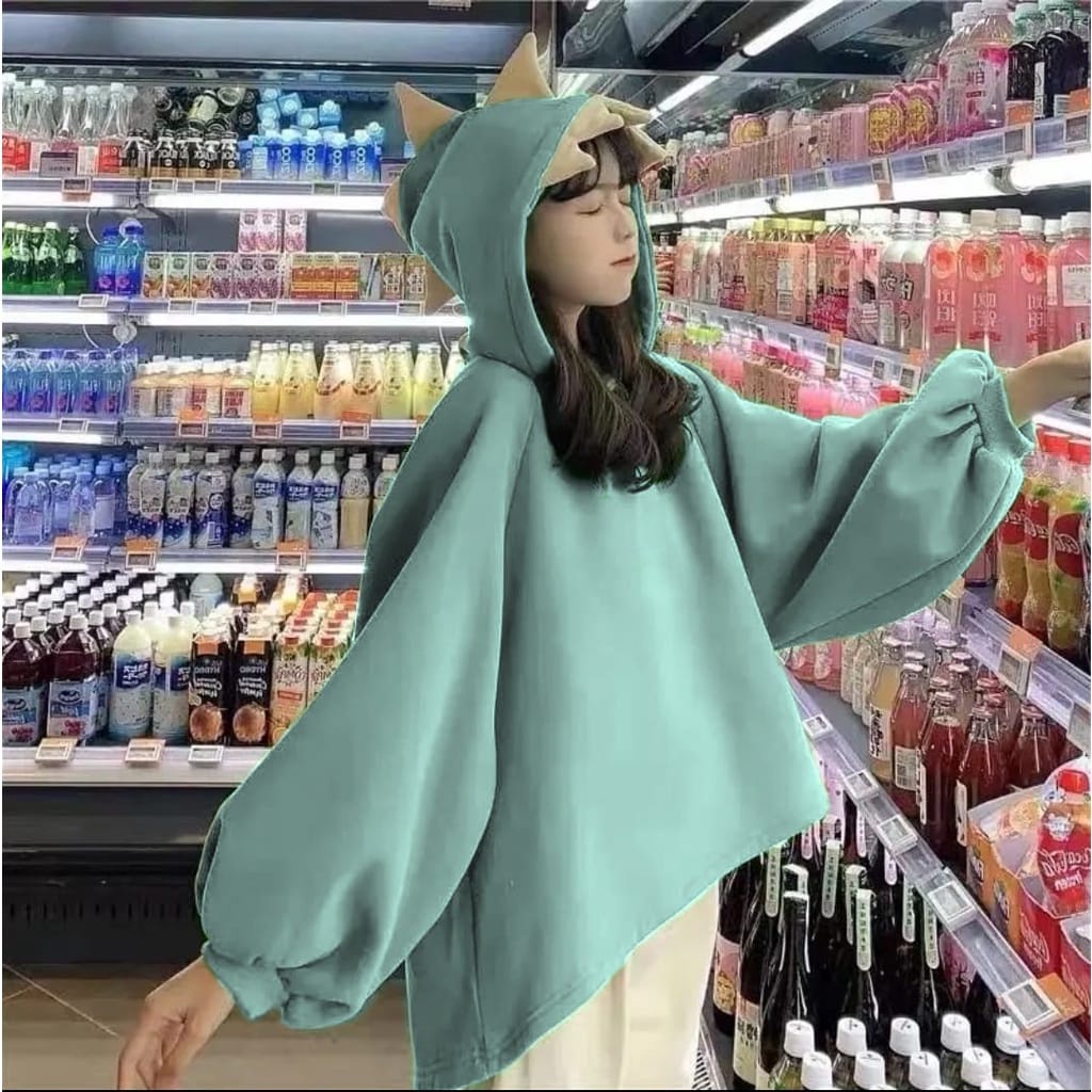 Dino Cute Sweater Outerwear Hoodie Wanita Remaja Korean Style Matt Fleece Tebal Polos Basic Premium