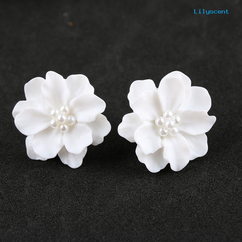 [LS] Elegan Resin Bunga Mutiara Imitasi Wanita Anting Ear Studs Perhiasan Pesta Pacaran