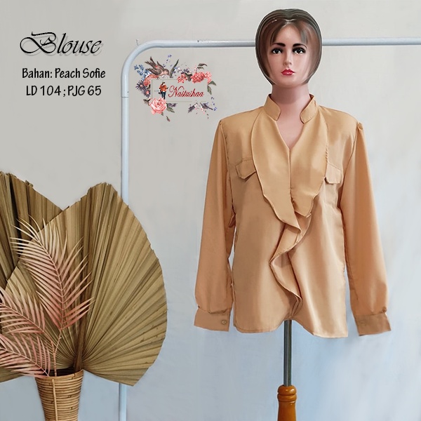 Blouse Cewek Dewasa Rumbai Cream Polos Kemeja Kerja Wanita Lengan Panjang V-Neck Kantong Hidup