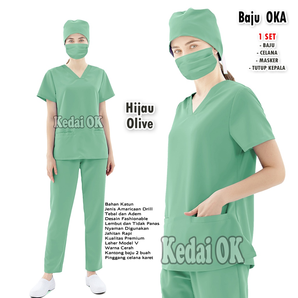 Jual Baju Oka Perawat Medis Lengan Pendek - Seragam OK Scrub Dokter - Bidan - Bahan American Drill