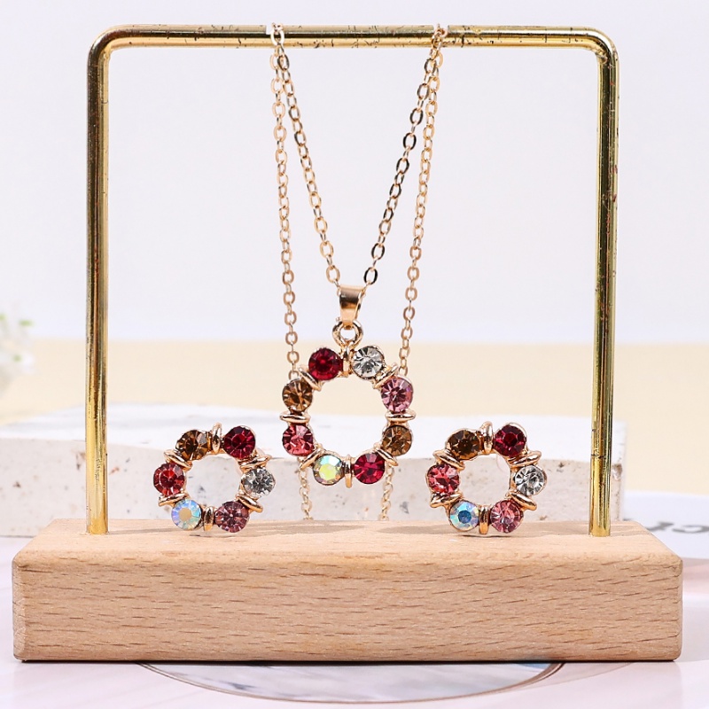 Pernikahan Pacaran Ulang Tahun Aksesoris Hadiah Glaring Zirkon Alloy Set Perhiasan Indah Pink Wanita Stud Anting Berwarna Berlian Imitasi Liontin Kalung
