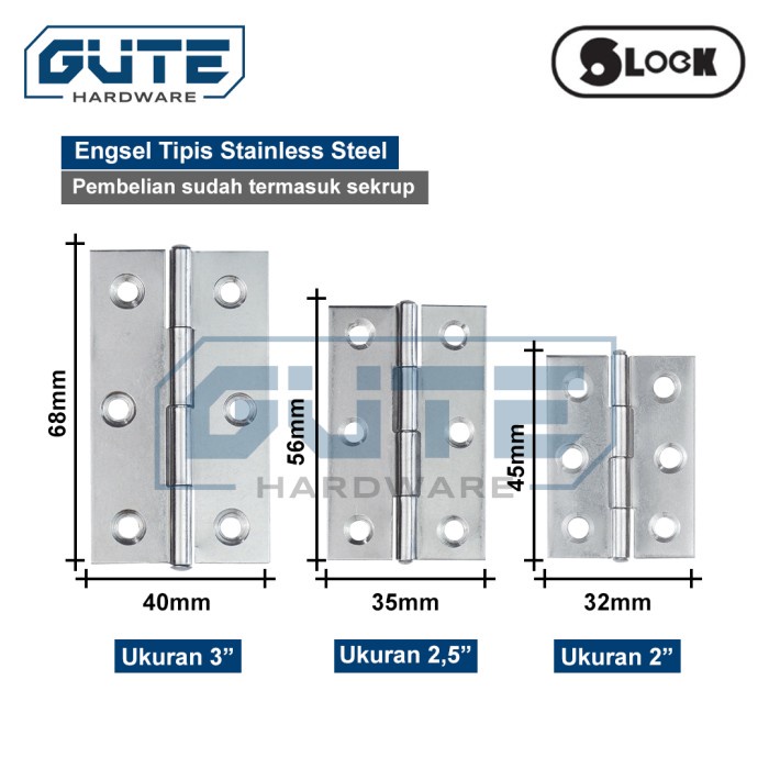 (SET) GUTE SLOCK Engsel Tipis Stainless Steel Sekrup Termasuk Murah
