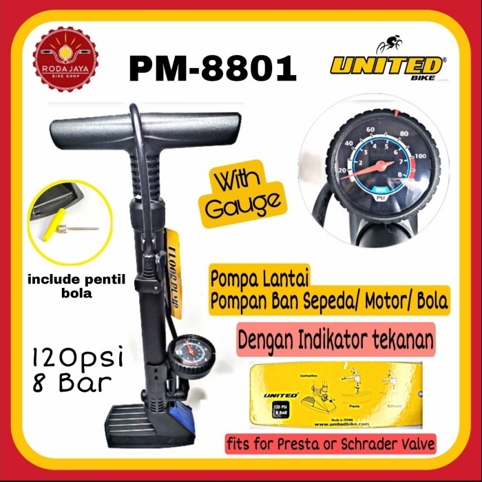 United Pm-8801 Pompa Ban Sepeda/ Motor Dengan Indikator Tekanan