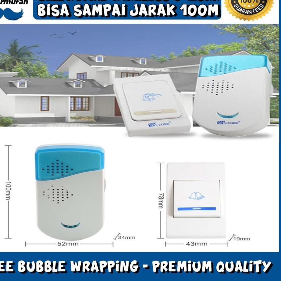 Terbaik V-Zorr Bel Pintu Rumah Bel Tanpa Kabel Wireless Door Bell Remote 100M (BONUS Batre 12V 1 BUA