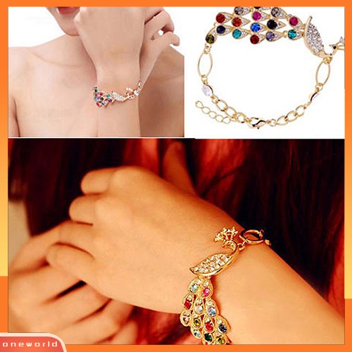 {oneworld} Perhiasan Gelang Bangle Rantai Burung Merak Berlian Imitasi Antik Wanita