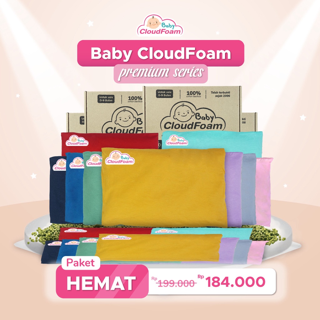 Baby Cloudfoam Paket Hemat 1 Bantal Anti Peyang Bayi + 2 Sarung Gratis Cetak Nama