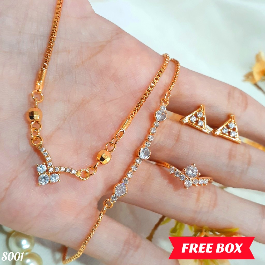 PGX Set Perhiasan Xuping Cincin Gelang Kalung Anting Lapis Emas - S001