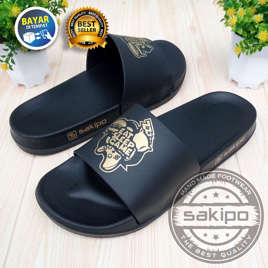 PROMO 2.2 COD SALE !! SENDAL DISTRO KEREN KEKINIAN PRIA DEWASA REMAJA SLIDE HITAM EMAS MOTIF EAT SLEEP GAME / SENDAL SLIDE MURAH TERBARU  / SENDAL SLOP PRIA TERBARU / SANDAL TAHAN AIR PRIA DEWASA / SAKIPO