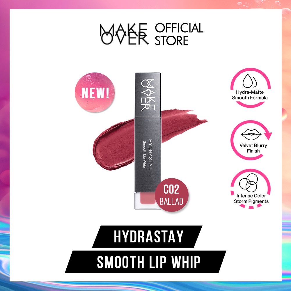 MAKE OVER Hydrastay Smooth Lip Whip Indonesia / Lip Cream 6.5g / Hydra Matte Velvet Blurry Finish Intense Color Storm Pigment / Hydra Smooth Finish / Makeup Cosmetic Lips Make Up Kosmetik Wajah Bibir Lipstick Lipstik Gincu / Makeover Hydra Stay Series