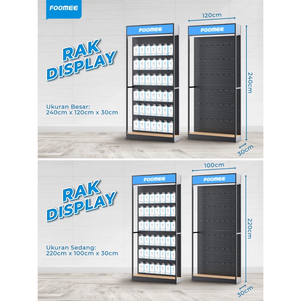 FOOMEE Rak Display Pajangan Aksesoris Ukuran Besar / Sedang + 3 Lampu Sorot (Spotlight)