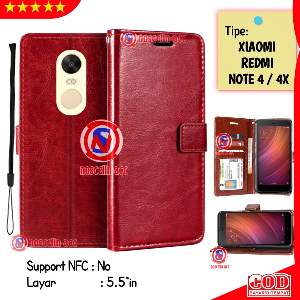 Flip Cover Wallet Xiaomi REDMI NOTE 4 / 4X Casing Headphone Hp - Sarung Dompet Kulit Premium Leather
