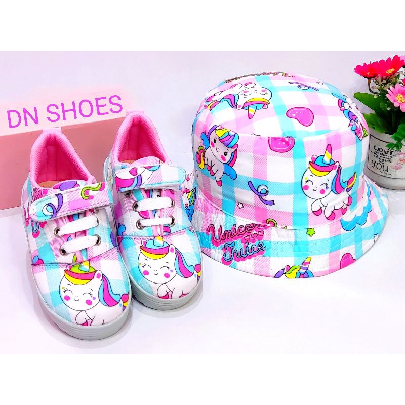 Paket Sneakers Anak Topi Bucket Anak Perempuan Paket Sepatu Tali Anak Topi Bucket Tali Hat Anak Perempuan Lucu Karakter Unicorn Tosca Pink Juice